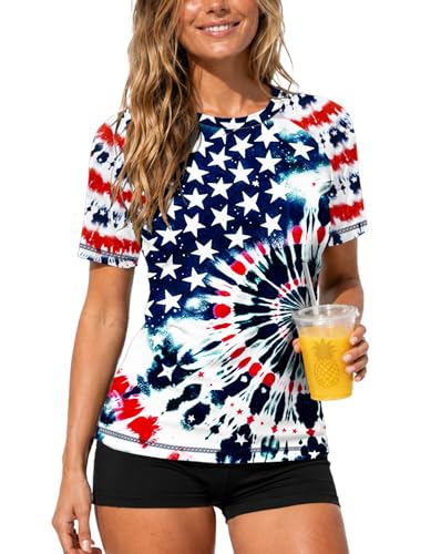 Image of AOBUTE Women Short Sleeve Rash Guard UPF 50+ Tropical Sun Protection Floral Swim Shirts