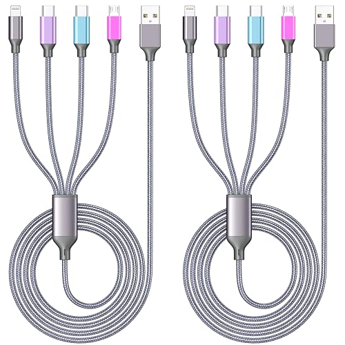 Multi Charging Cable 4ft 2Pack, 4 in 1 Charging Cable Nylon Braided Lightning iPhone Charger,Universal Charger Phone Cord with Type-C,Micro USB,IP Port for iPhone17-5/Android -Multicolor