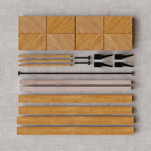 Image of Bme Rhombus King Bed Frame - Solid Rubber Wood with Geometric Rhombus Headboard, Teak Brown Finish, Scandinavian Modern Platform Bed with Sturdy Slats & Metal Legs, No Box Spring Needed