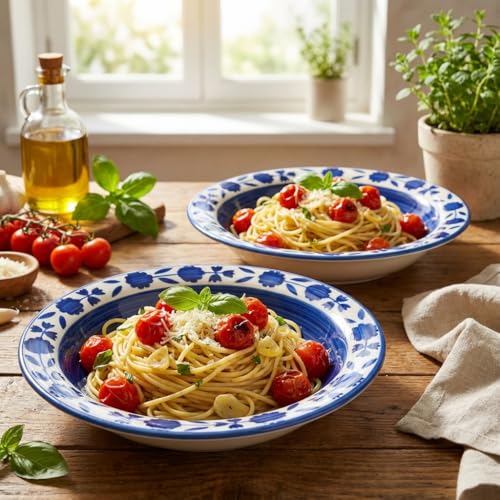 Image of Ceramic Pasta Bowls Set of 2 | 7 Inch Handmade Deep Soup Plates | Microwave Oven Safe Serving Bowls | Floral Hand-Painted Stoneware Salad Bowls (2, Blue & White)