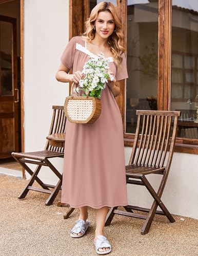 Image of Ekouaer Long Nightgowns for Women Soft Ladies Sleepwear Gowns Short Sleeve Nightdress Button House Dress with Pockets