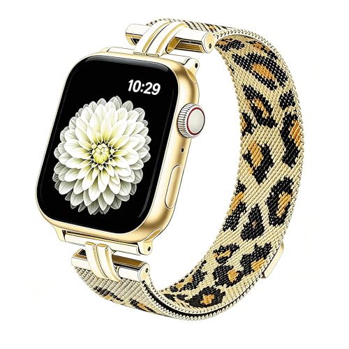 TJCENXIN Band for Apple Watch Bands for Women 46mm 45mm 44mm 42mm 49mm, H-shaped Metal Mesh Magnetic Strap Stainless Steel Clasp for iWatch Series 11 10 9 8 7 6 5 4 3 2 1 SE Ultra Leopard Print - image 1