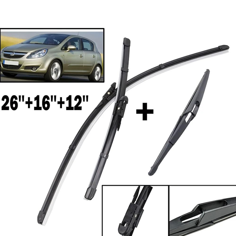 Zestaw wycieraczek przednich tylnych do Opel Corsa D 2006-2014, gumowa wycieraczka do czyszczenia szyb 26 "16" 12