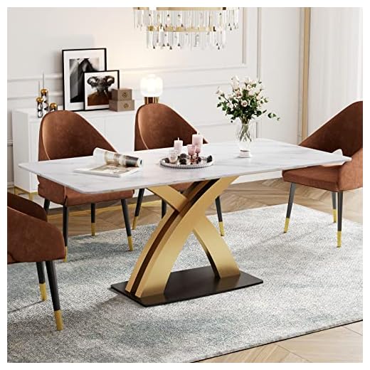 HERNEST Nordic Modern Dining Table, 63" Rectangle Marble Table, with Gold Carbon Steel Metal X-Base, Durable Traditional Sintered Stone Design,for Kitchen Living Room, Office, Easy-to-Assembly, White