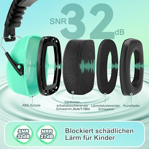 BraveKoi Gehörschutz Kinder SNR 32dB, Verstellbare Lärmschutz Kopfhörer Kinder, Ohrenschützer Faltbar mit Autismus, Schlafen, Lernen, Konzert(Mintgrün/1 Stück)