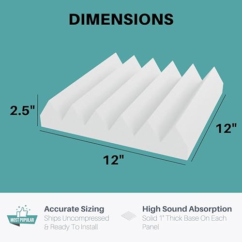 Miniatura 5 de Paneles de espuma acústica blanca para amortiguación y absorción de sonido, 2.5 pulgadas de grosor, azulejos de 12 x 12 pulgadas, paquete de 2 (cuña