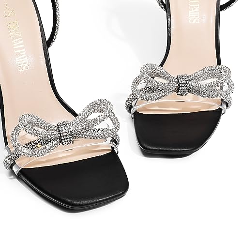 DREAM PAIRS Women's Double Bowknots Crystal Sandals Clear Slingback Heels Square Toe Shoes for Party Wedding - Image 3