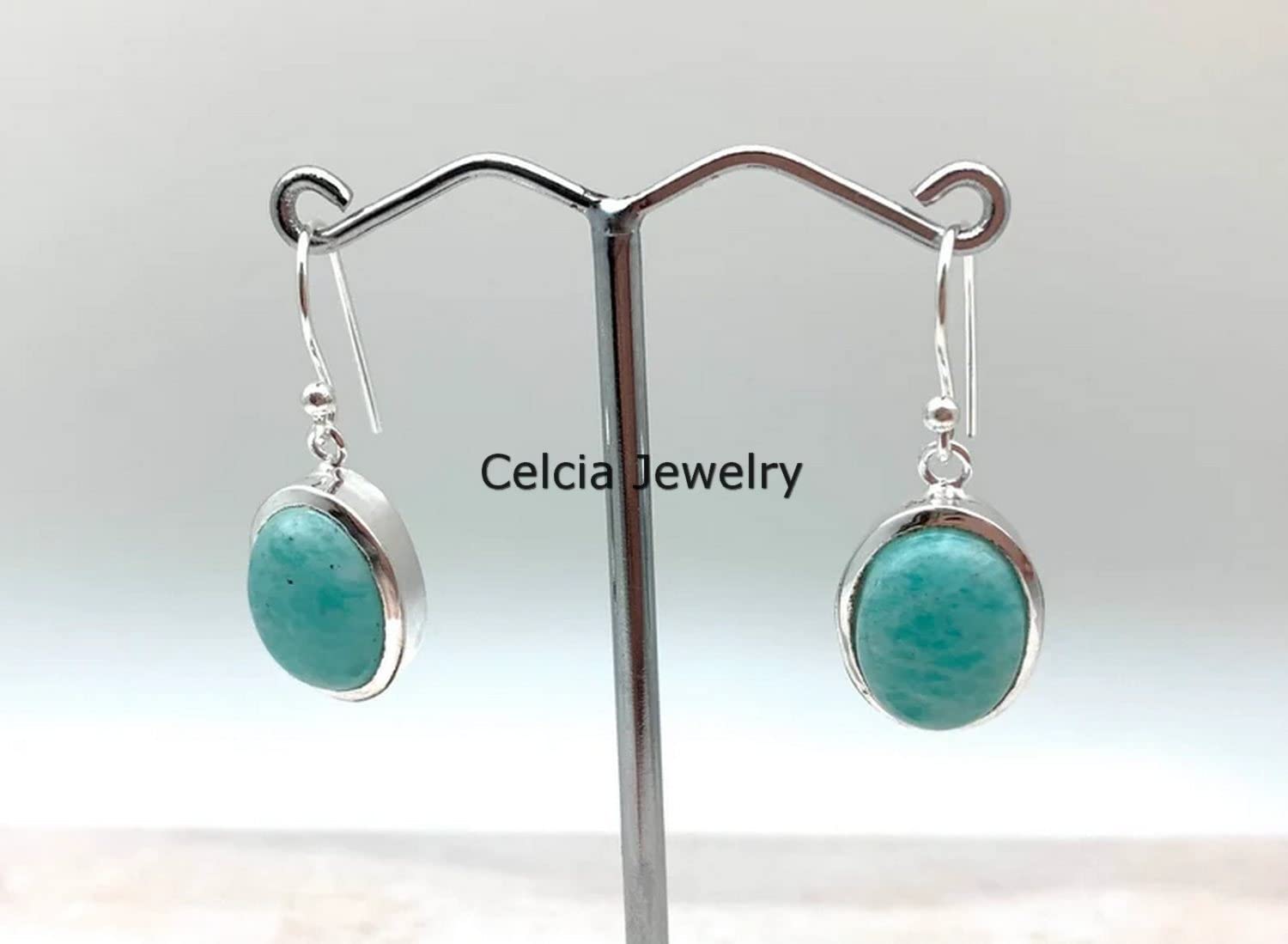 Pendientes colgantes de lágrima de plata de ley 925 auténtica para mujer, pendientes artesanales únicos de piedra preciosa azul natural de amazonita ovalada para ella