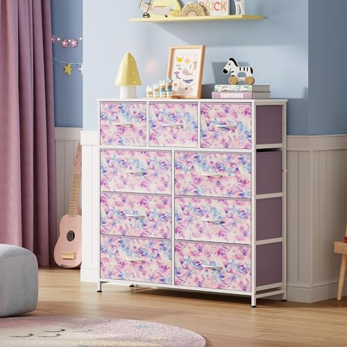 Image of WLIVE 9 Drawer Dresser, Fabric Storage Tower for Bedroom, Hallway, Closet, Tall Chest Organizer Unit for Bedroom with Fabric Bins, Steel Frame, Wood Top, Tie-dye Print (Pink, Purple, Blue)