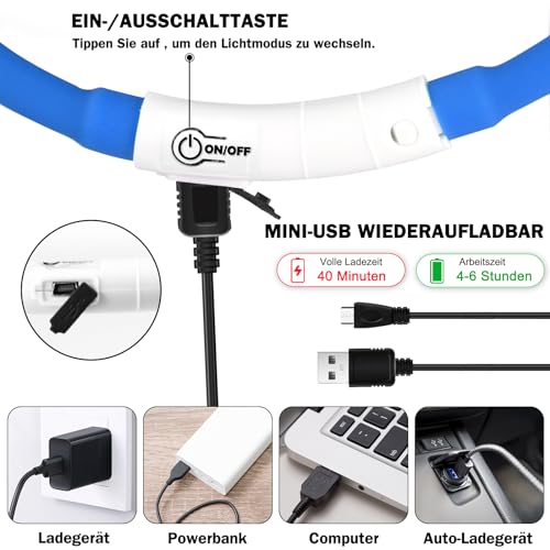 Nepfaivy Leuchthalsband Hund USB Aufladbar - Wasserdichtes Hundehalsband Leuchtend mit Verstellbarer Länge, LED Halsband für Hunde mit 3 Beleuchtungsmodi für Sicherheit, Blau