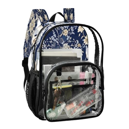 Blue White Pattern Clear Backpack - Stadium Approved Large 15.7-inch Waterproof Transparent Bag for Sports, Concerts, Work, Travel#1362