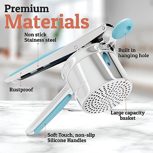 Image of PriorityChef Large 15oz Potato Ricer, Heavy Duty Stainless Steel Potato Masher and Ricer Kitchen Tool, Press and Mash Kitchen Gadget For Perfect Mashed Potatoes - Everytime, Silver and Turquoise