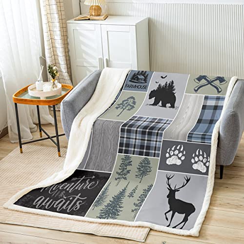 Rustic Patchwork Plush Bed Blanket, Checkered Buffalo Plaid Fleece Blanket For Kids Teens Adult, Woodland Wildlife Bear Moose Elk Pine Trees Printed Throw Blanket Farmhouse Decorations, Throw Size #TOP1
