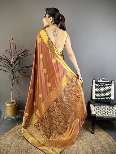 Image of SGF11 Women's Kanjivaram Pure Soft Silk Saree With Unstiched Blouse Piece (Brown)