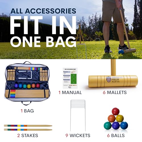 AMERICAN FIELDS PLAY CO. Professional Croquet Set for Adults – Deluxe Croquet Sets for Families with 35\'\' Wooden Mallets, Polymer Balls, Carrying Bag – Classic Outdoor Game for Kids and Lawn Play