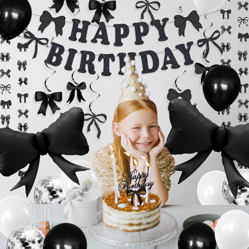 Lasocy Black Bow Birthday Decorations Girls Bow Happy Birthday Banner Black White Balloon Coquette Decorations Hanging Swirls Garland Ribbon Party Decor Supplies for Girls Women by Lasocy - Used condition - Image 5