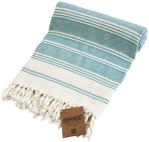 DEMMEX Zertifizierte 100 % Bio-Baumwolle & Bio-Farbstoff, vorgewaschen, XL, Diamantgewebe, türkische Baumwolle, Handtuch, Pestemal-Decke für Bad, Strand, Pool, SPA, 180x91 cm, 400 g (Salbei) Cover