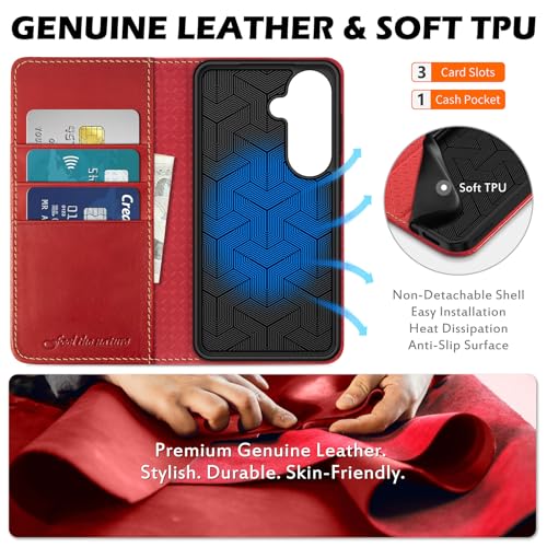 SHIELDON Wallet Case for Galaxy S26 5G 6.3", Genuine Leather Flip Book Design RFID Blocking Credit Card Holder Kickstand Shock Absorbing Protective Cover Compatible with Galaxy S26 2026 - Retro Red by SHIELDON - Image 3