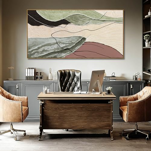 Image of Brown Green Abstract Canvas Wall Art, Framed Beige White Painting, Neutral Black Prints Wall Decor,29x58 In Artwork for Living Room, Bedroom