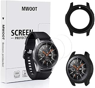 MWOOT 2 Pieces Tempered Glass Screen Protector und Black Case Cover Compatible with Samsung Galaxy Watch 46MM and Samsung Gear S3 ONLY Frontier Model