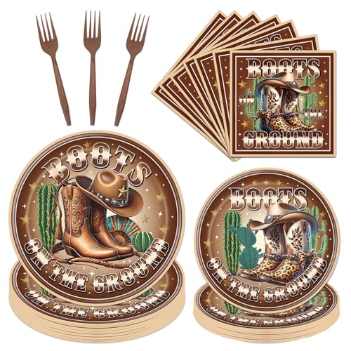 Rakuto Boots on the Ground Decorations, 96PCS Western Cowboy Party Brown Disposable Paper Plates and Napkins Decoration, Boots on the Ground Birthday Forks Table Decor Serve 24