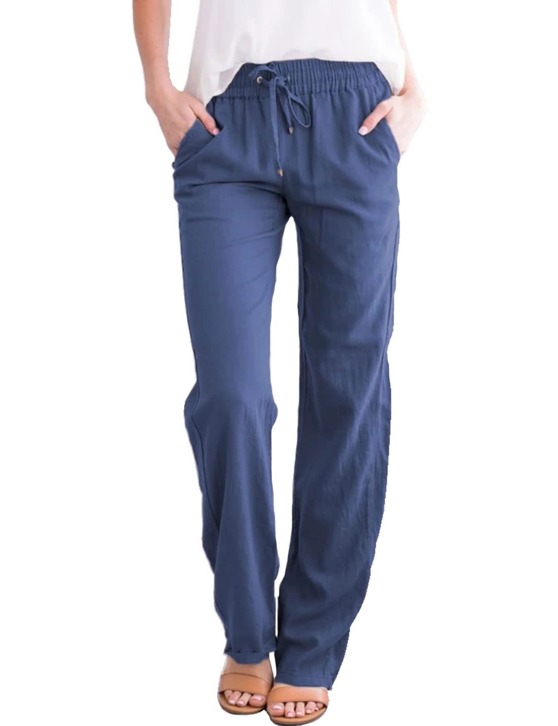 happlan Womens Loose Solid Color Elastic Waist Casual Pants