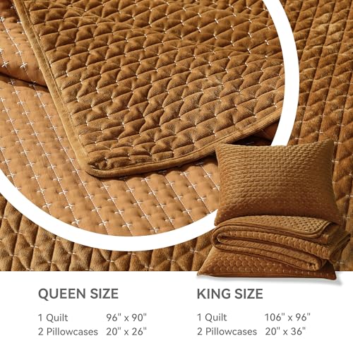 Image of Grassix Velvet Quilt Set Queen Size, Luxury Cross Stitch, Gold Caramel