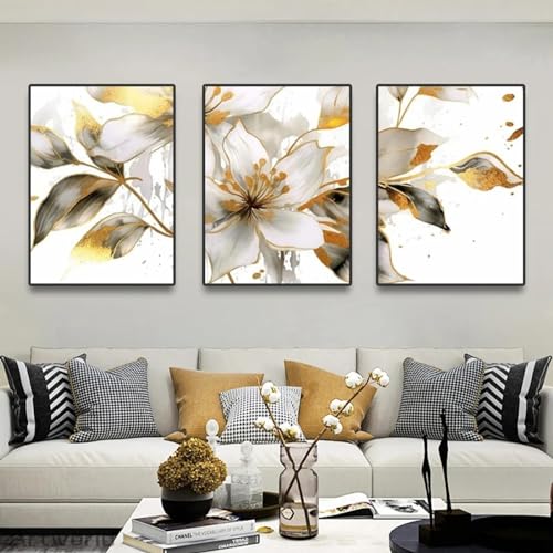 Tableau sur toile fleurs blanches dorées chic triptyque de luxe pour grand salon moderne 50x70cm