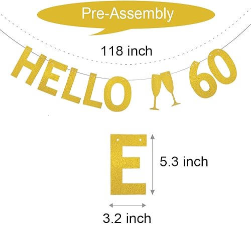 Miniatura 2 de WEIANDBO - Cartel dorado con purpurina, Hello 60, premontado, decoración de fiesta de cumpleaños 60, telón de fondo de letrero de banderín, Hello 60