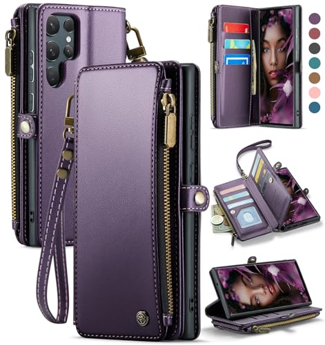 Defencase Compatible with Samsung Galaxy S22 Ultra Case Wallet with RFID Blocking Card Holder for Women Men PU Leather Magnetic Snap Flip Zipper Strap Phone Case Fit for Galaxy S22 Ultra 5G Purple