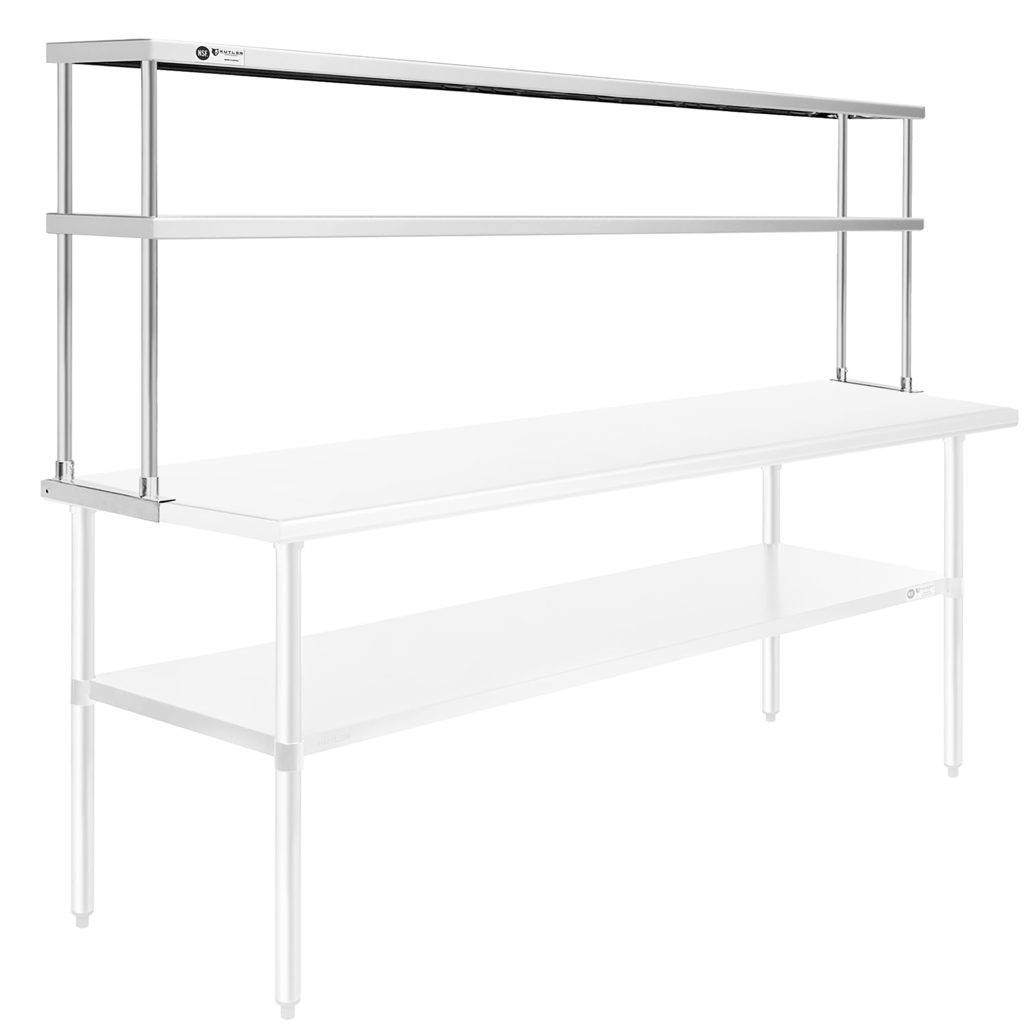 KUTLER Stainless Steel Double Overshelf 72" x 12", NSF Commercial 2-Tier Shelf for Prep and Work Tables for Restaurant, Kitchen, Workshop