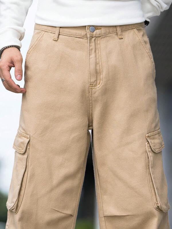 Image of Men's 8 Pocket Cargo Pants | Premium Cotton Twill Baggy Fit Trousers | Stretchable Casual Streetwear Cargos | Mid Rise