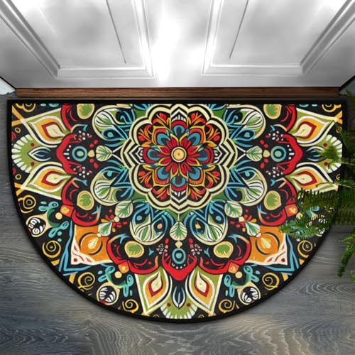 Image of Half Round Door Mat Ethnic Flower Colorful Mandala Non-Slip Semi Circle Area Rug Washable Half Moon Hearth Rugs for Indoor Outdoor Bathroom Kitchen Patio Runner Mat Laundry Room Home Decoration