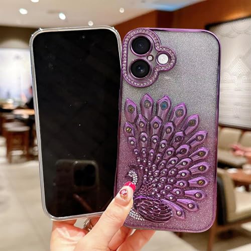 Image of mobistyle Designed for iPhone 16,3D Diamond Luxury Electroplate Glitter Peacock Tail Bling Design Camera Protection Shockproof Phone Back Cover Case for (Pink, iPhone 16)