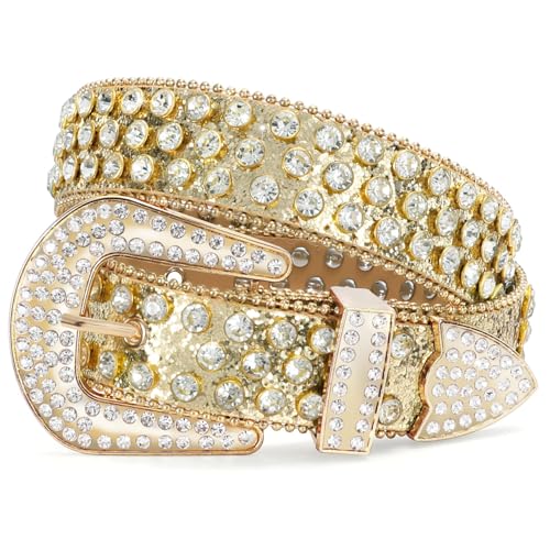 Image of WERFORU Women Men Western Rhinestone Studded Leather Belt Unisex Bling Cowgirl Cowboy Waist Belt for Jeans Pants Dress
