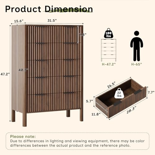 Image of 47 Inch Tall Dressers for Bedroom Fluted 5 Drawer Dresser, Wooden Dresser Modern Chest of Drawers Dressers with Organizer Storage for Bedroom, Living Room, Entryway, Walnut