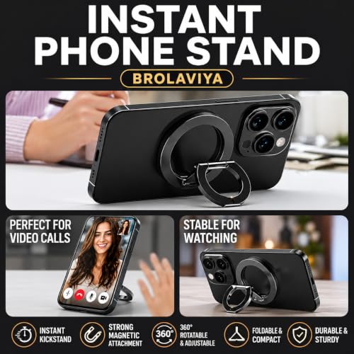 Image of BROLAVIYA Double-Sided Magnet with Kickstand Magnetic Phone Ring Holder Stand, Finger Grip, Foldable Metal Ring Compatible with iPhone 17 /16 /15 /14 /13 /12 & All Smartphones, Black