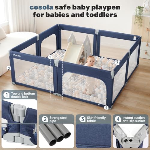 Image of Foldable Baby Playpen, Shape & Size Adjustable Playpen for Toddler, 79x71 Large Play Pens Safety Mesh Foldable Playard for Babies, Portable Baby Fence Play Area Kids Play Pen, Blue