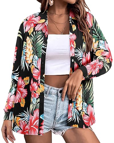 ZXZY Hawaiian Shirts for Women Fall Soft Floral Leaves Print Long Sleeve Button Up Trendy Tops Blouse