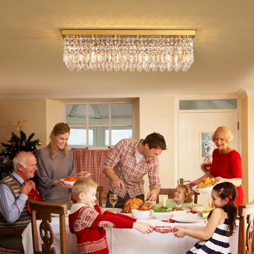 Siljoy HLP009-C Modern Crystal Chandelier 6-Lights Rectangle Flush Mount Pendant Ceiling Light Fixture Luxury Gold Rectangular K9 Crystal Raindrop Chandelier For Dining Living Room Kitchen Island Bar L31.5'' thumb #5