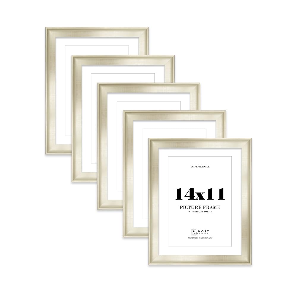 14x11" Silver Picture Frame with A4 Mount - Shabby Chic Photo Frame with Distressed Finish, Wall Hooks and Kickstand, 32mm Edge - 5 Pack