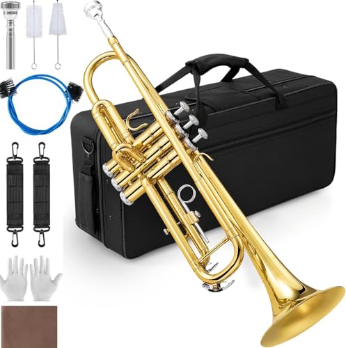 Zenkon Trompete Bb de Latão Amarelo para Iniciantes, Boquilha 7C, Estojo Rígido, Kit de Limpeza e Som Brilhante – Perfeito para Bandas Escolares e Samba Brasileiro
