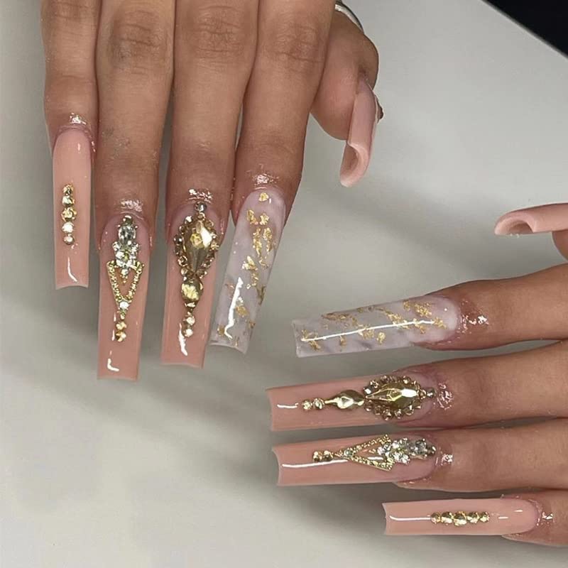 SIXDIAN Uñas postizas largas a presión con diseño de ataúd nude con diamantes de imitación, uñas acrílicas a presión en forma de ataúd largo de