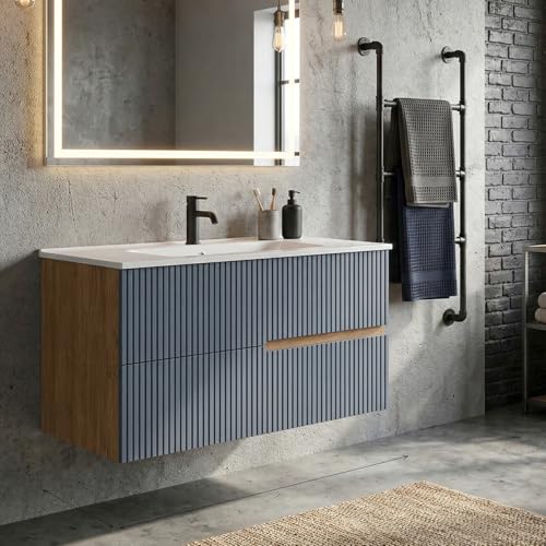 SANIVERRE EVA Meuble Simple Vasque L.100 cm à Suspendre Chêne Naturel 2 Tiroirs Bleu Mer Cannelé (sans Colonne) Salle de Bain