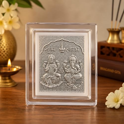 Image of 999 Silver Laxmi, Ganesh Frame | Unique Detailing Silver God, Bhagwan ki Tasveer for Gifts to Guests, Corporate /Office Gifting, Temple, Puja, Car Dashboard- 7x6x1 CM