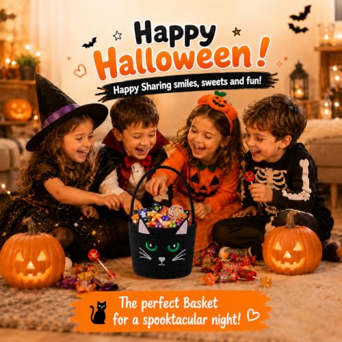 OIAHOMY Halloween Pumpkin Basket with LED Lights - Light Up Trick or Treat Bags for Toddlers & Kids, Soft Woven Cotton Rope Candy Bucket, Cute Reusable Boo Gift Basket for Holiday Party Decor Black - image 9
