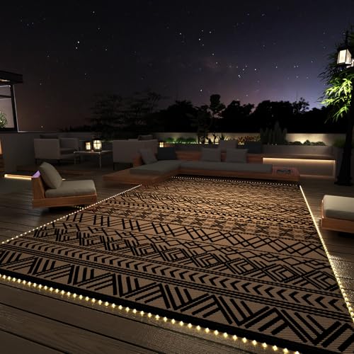 MontVoo Outdoor Rug Carpet Waterproof 5x8 Outdoor Patio Rug Mat Reverisble Plastic Straw Outdoor Rug for RV Camping Picnic Beach Balcony Boho Beige Brown Beige Brown 5' x 8' (Rectangular)