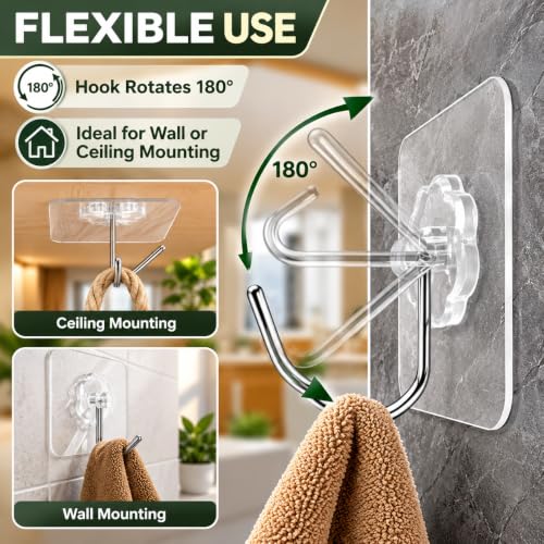 Image of Transparent Adhesive Wall Hooks with 180 Degree Rotatable Stainless Steel Hook, Flower Design Self Stick Wall Hanger for Kitchen Bathroom Home and Office, Pack of 20