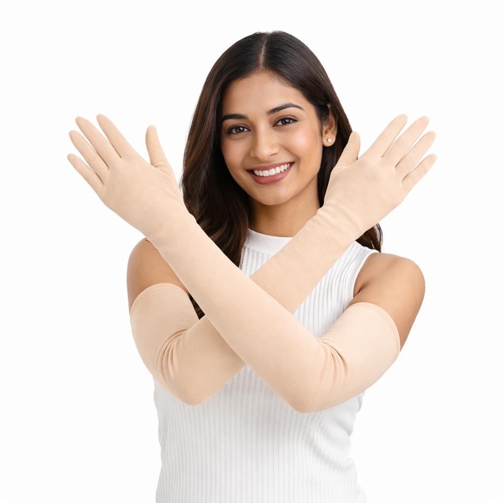 Beige Full Hand Gloves for Women | UV Protection Arm Sleeve Gloves | Stretchable Sun Protection Gloves for Driving, Biking & Outdoor Use-image-32