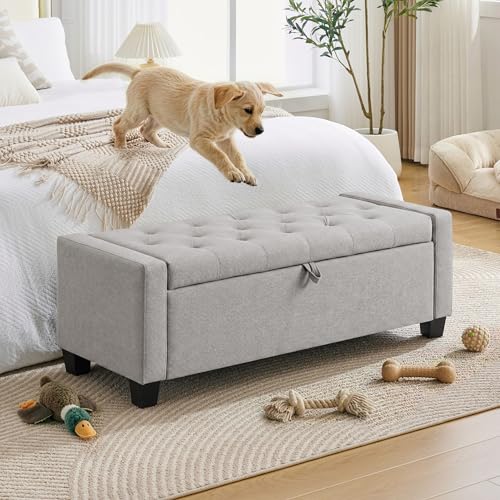 Image of Huatean Home 43 inch Ottoman with Storage, Storage Ottoman Bench with Safety Hinge, Upholstered Entryway Bench with Seating for Bedroom, Living Room, Holds up to 330 lb(Light Gray)